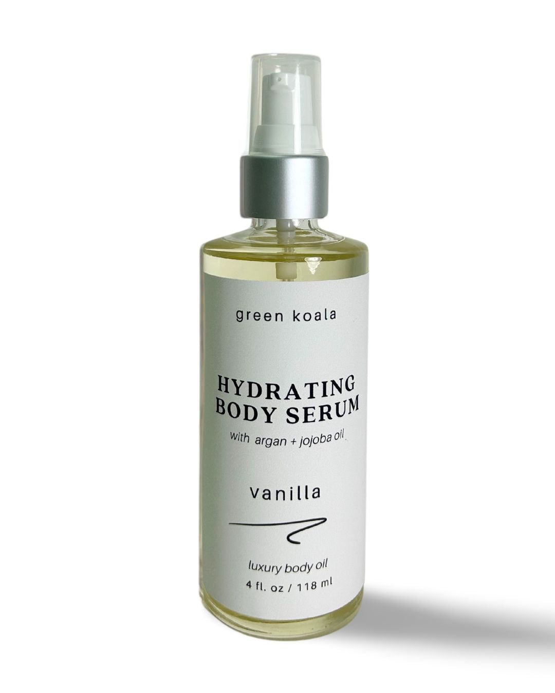 oz Vanilla body serum in a glass pump bottle. Contains organic argon and jojoba oils.
