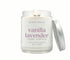 8oz Vanilla Lavender scented eco-friendly candle in a glass Jar with silver lid for a clean burn.