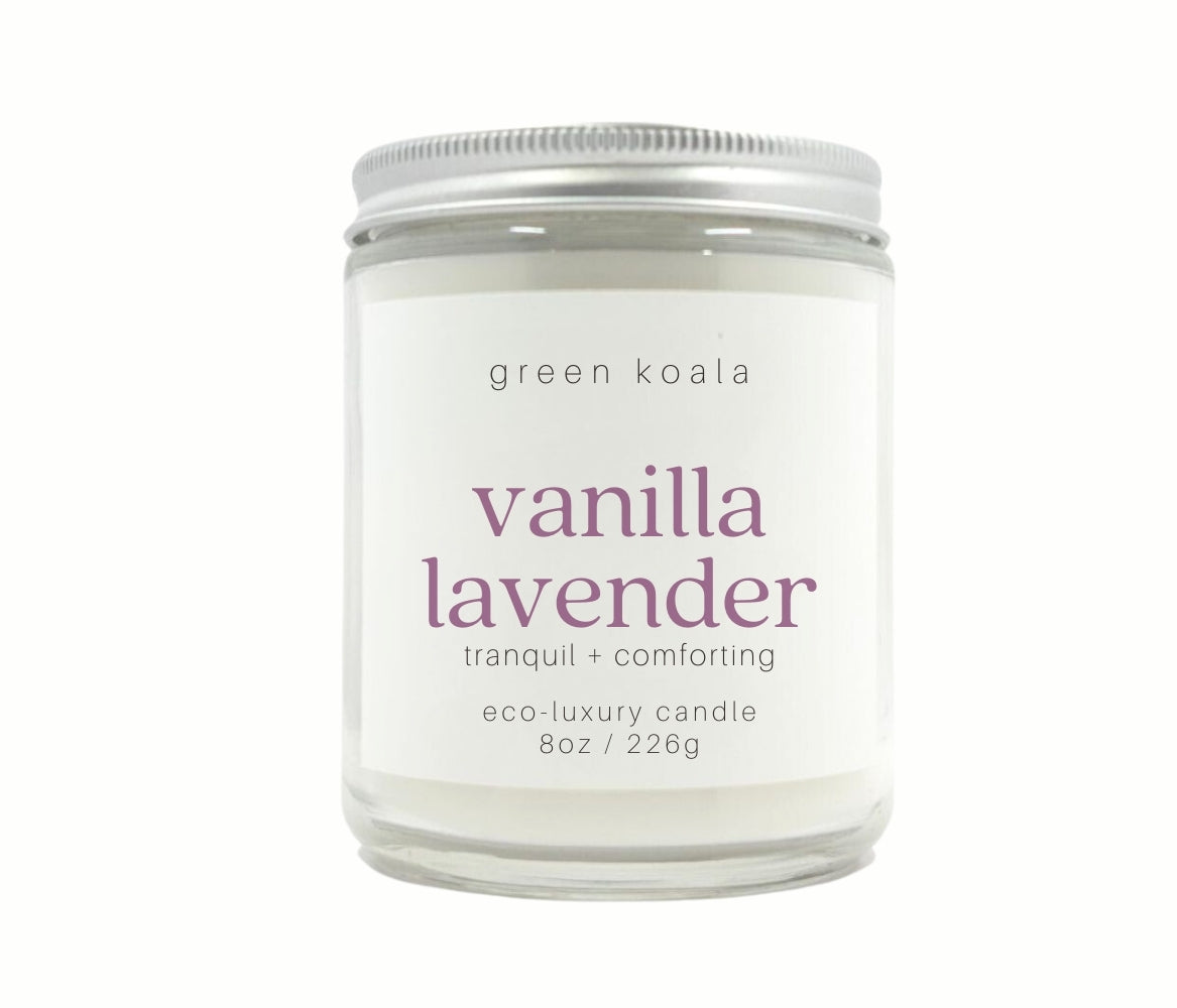 8oz Vanilla Lavender scented eco-friendly candle with silver lid for a clean burn.