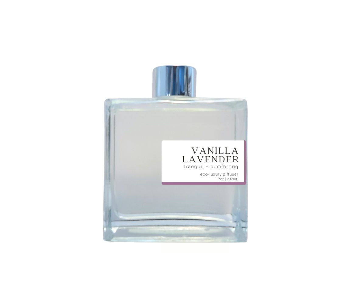 Sleek Vanilla Lavender reed diffuser with silver cap, providing a comforting blend of vanilla and lavender for a serene, inviting space.