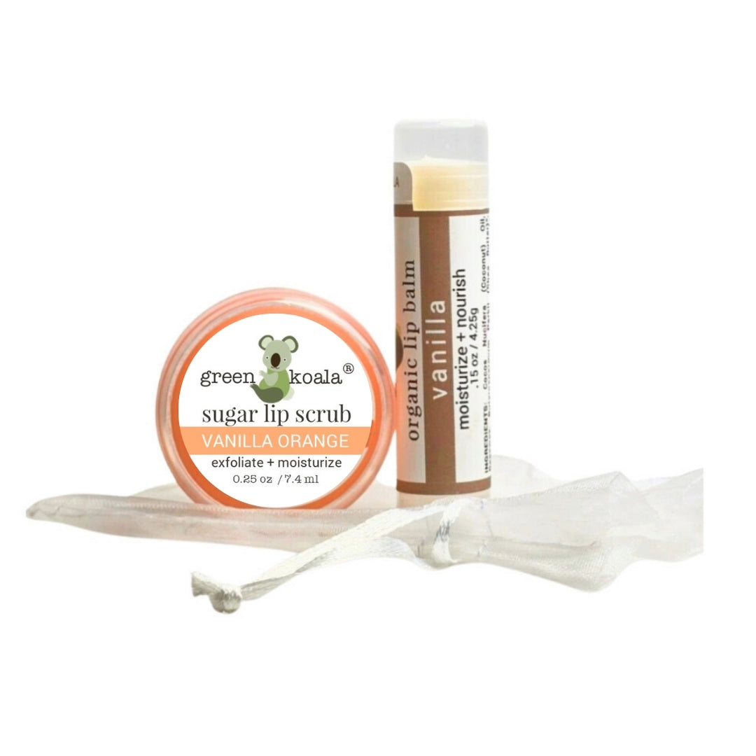 Organic Vanilla Orange Lip Scrub and Vanilla Lip Balm Gift Set.