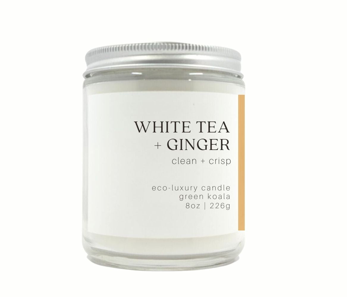8oz Green Koala White Tea & Ginger Glass Candle with metal lid