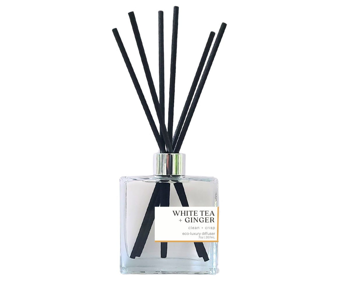 Hand-poured White Tea + Ginger diffuser with black reeds, designed for a clean, natural, and toxin-free home ambiance.