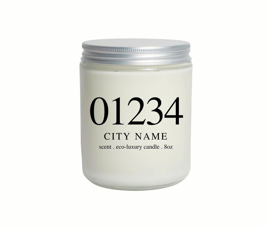 Personalized Zip Code Candle with custom location label, hand-poured in eco-friendly wax