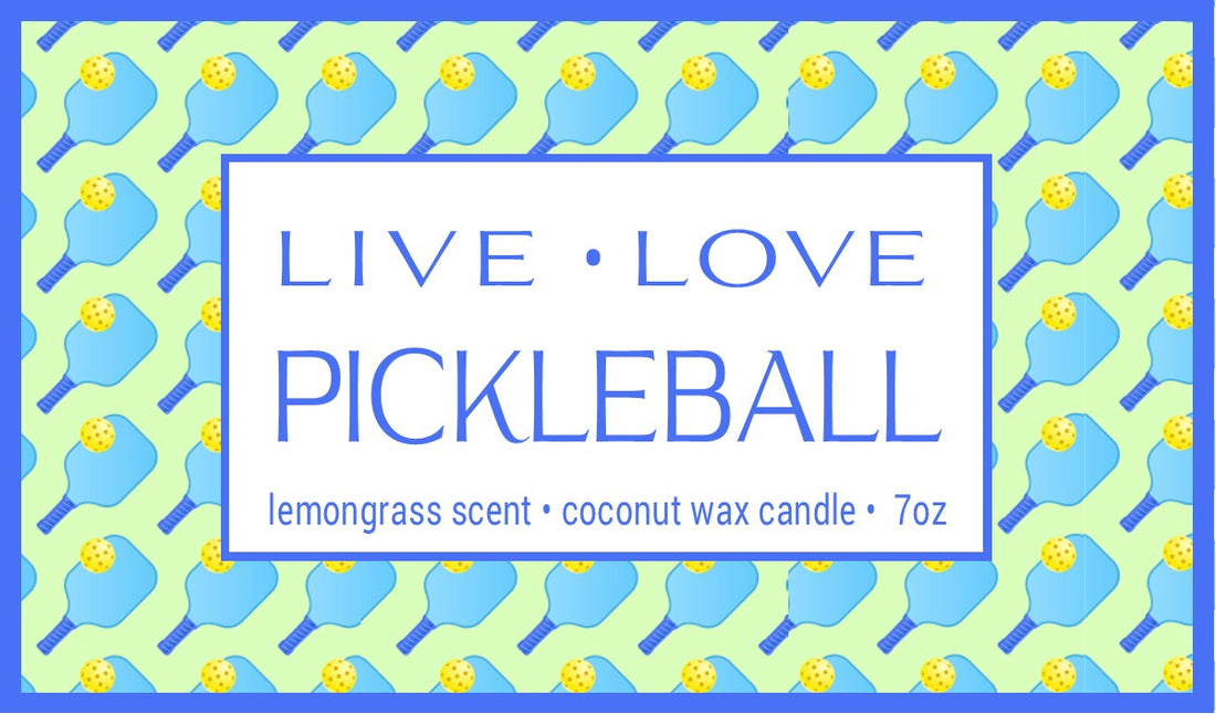 LIVE LOVE SURF 7oz candle label design with paddles and balls