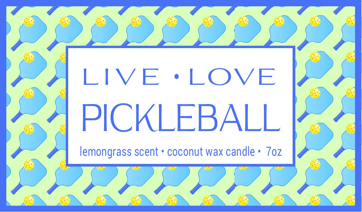 LIVE LOVE SURF 7oz candle label design with paddles and balls