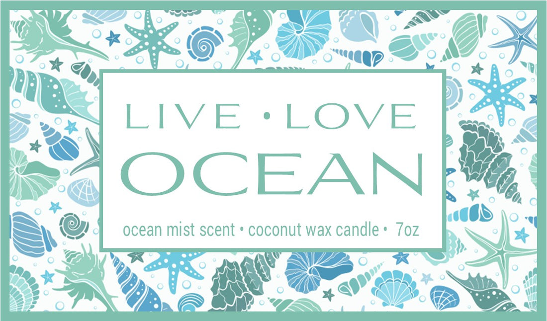 LIVE LOVE OCEAN 7oz candle label design with seashells and starfish