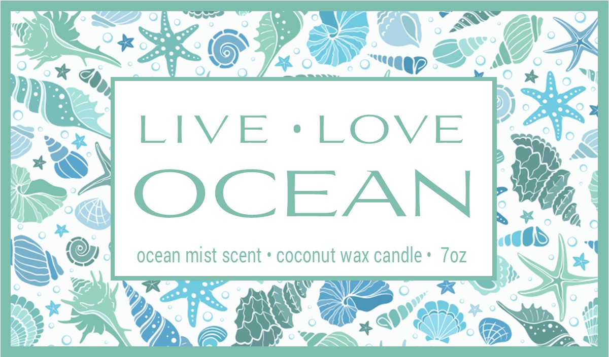LIVE LOVE OCEAN 7oz candle label design with seashells and starfish
