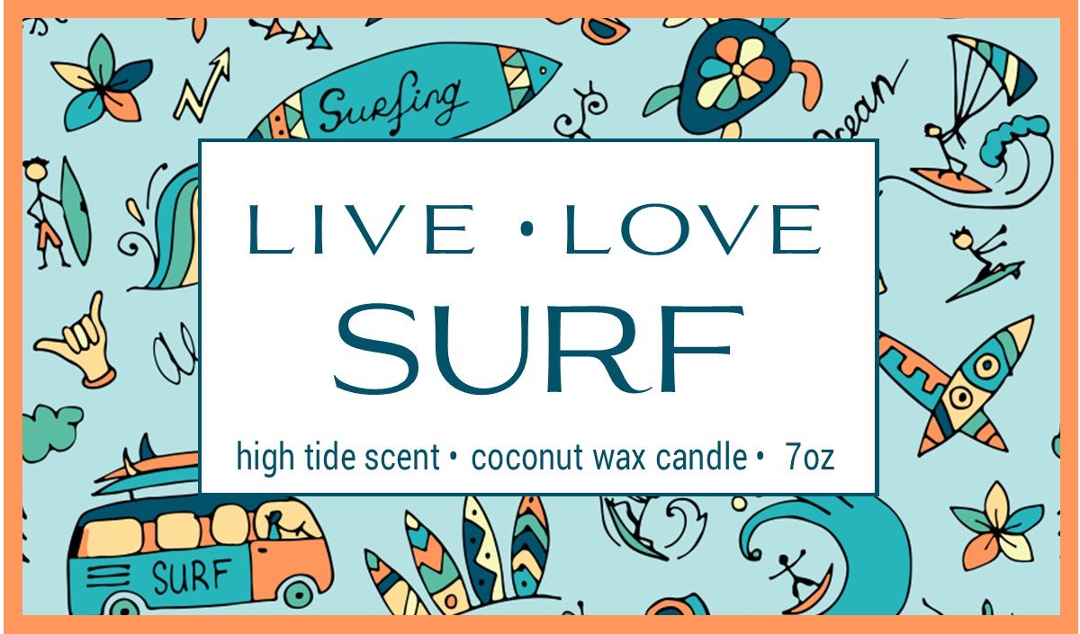 LIVE LOVE SURF 7oz candle label design with all things surfing related