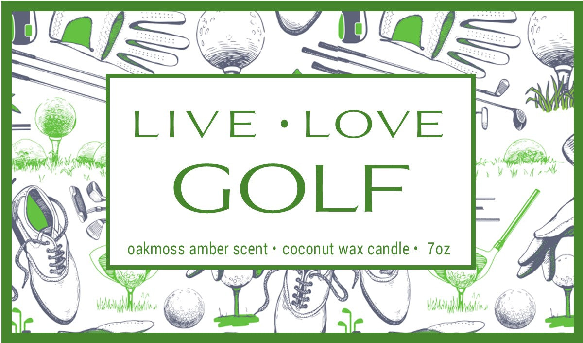 Live Love Golf Label Design made with coconut wax and scented with Oakmoss & Amber fragrance oil.