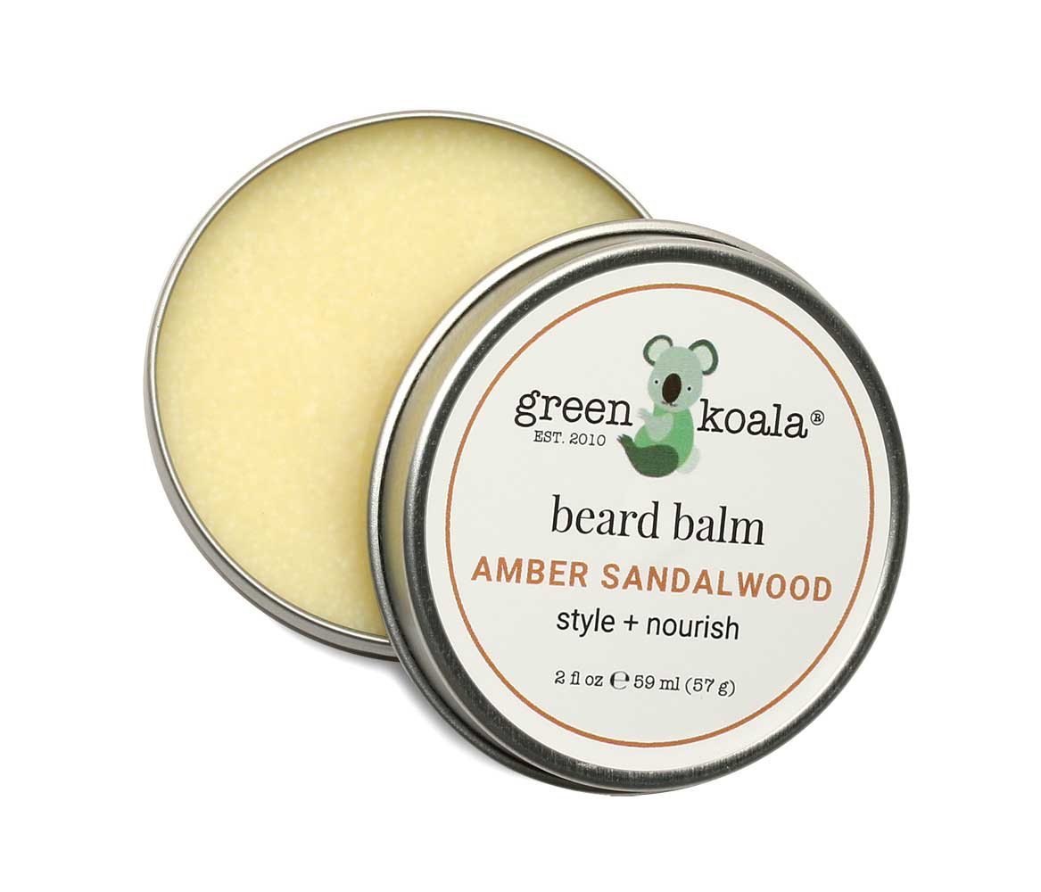 Green Koala Amber Sandalwood Beard Balm in a 2oz tin. natural and organic beard care for men.
