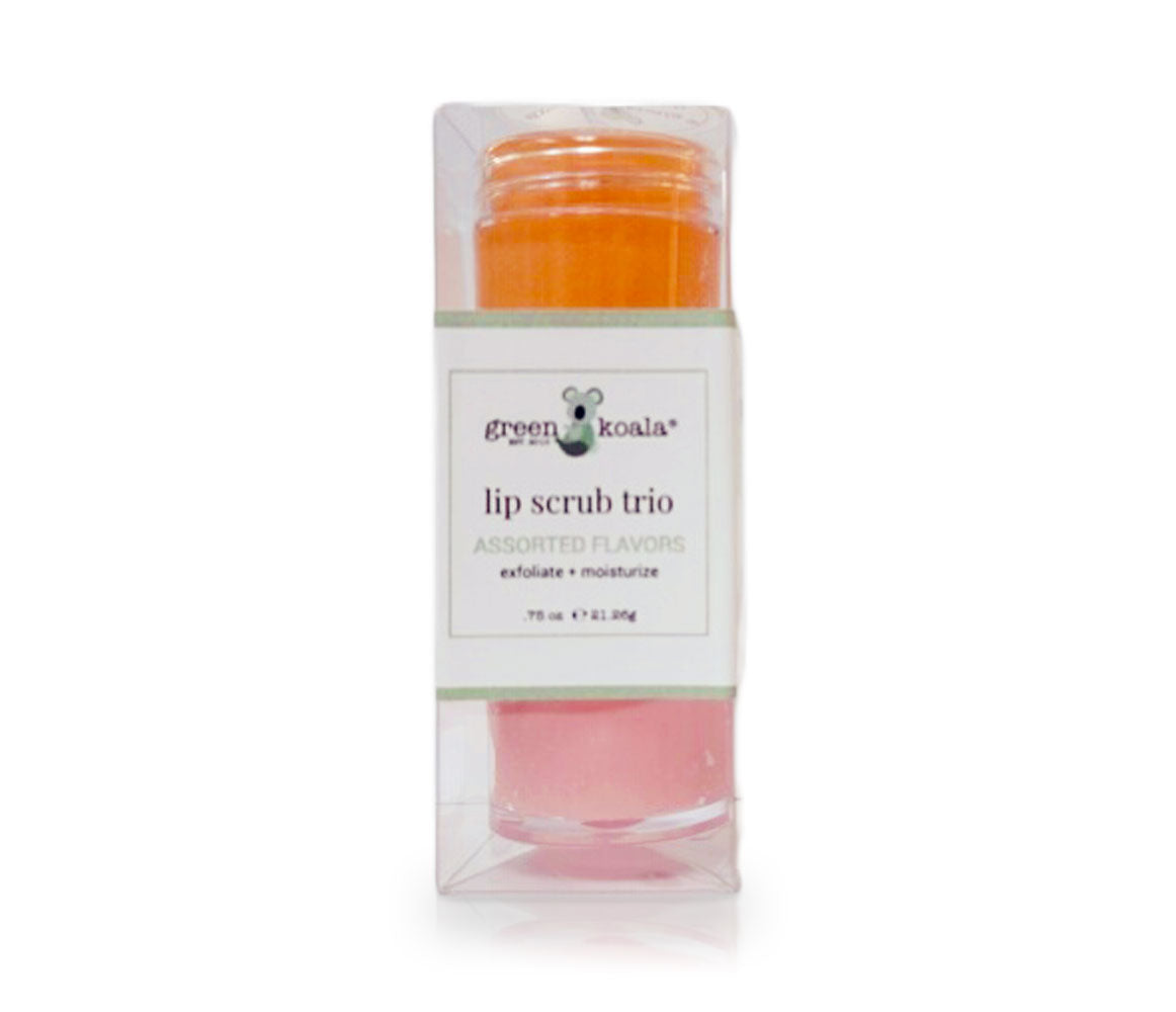organic sugar lip scrub trio in clear sleeve.
