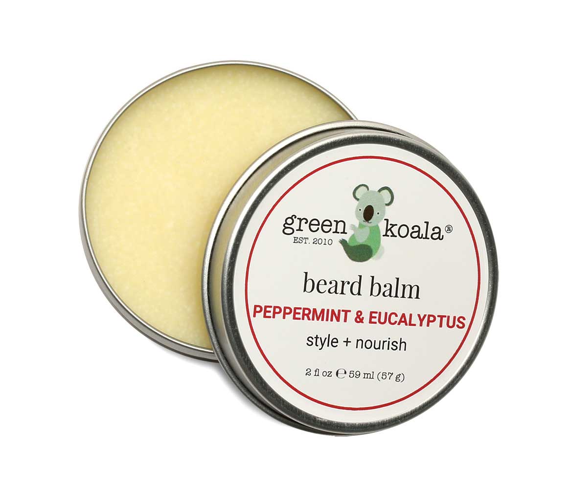Green Koala Peppermint & Eucalyptus Beard Balm for smooth, nourished facial hair with a refreshing scent in a 2oz tin.
