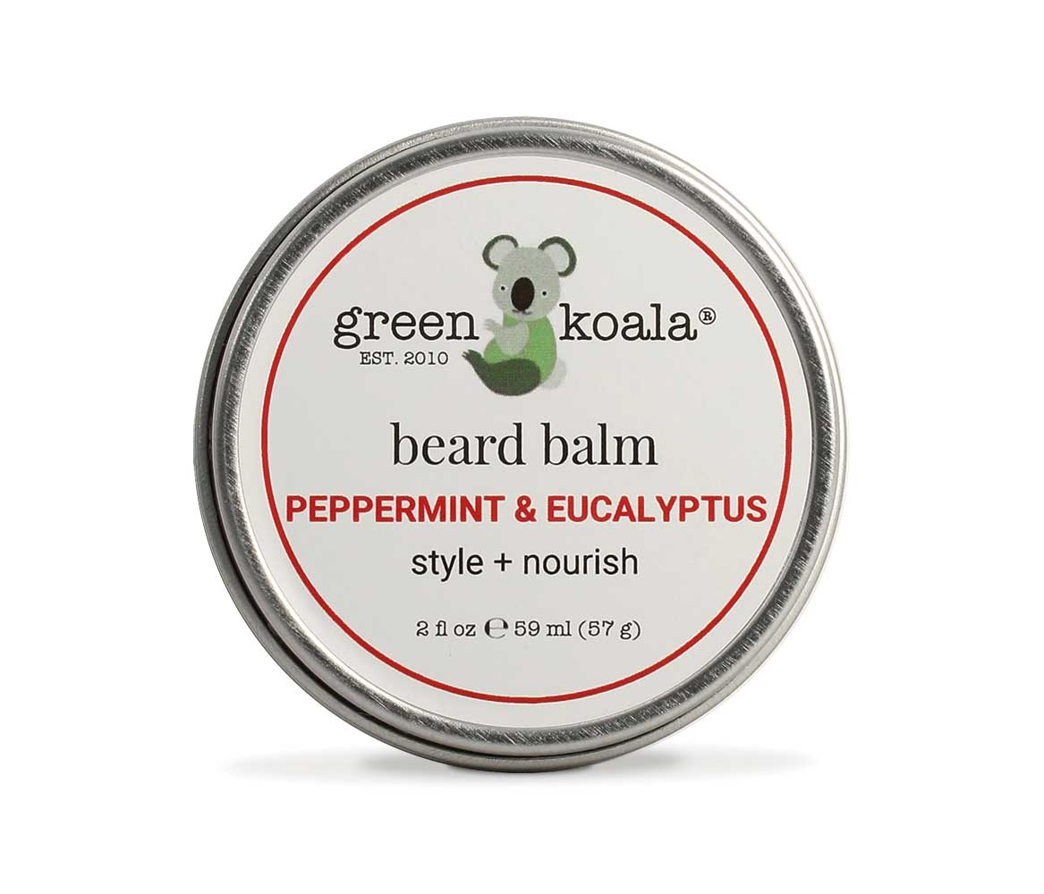 Green Koala Peppermint & Eucalyptus Beard Balm in a 2oz tin, nourishing and smoothing facial hair.