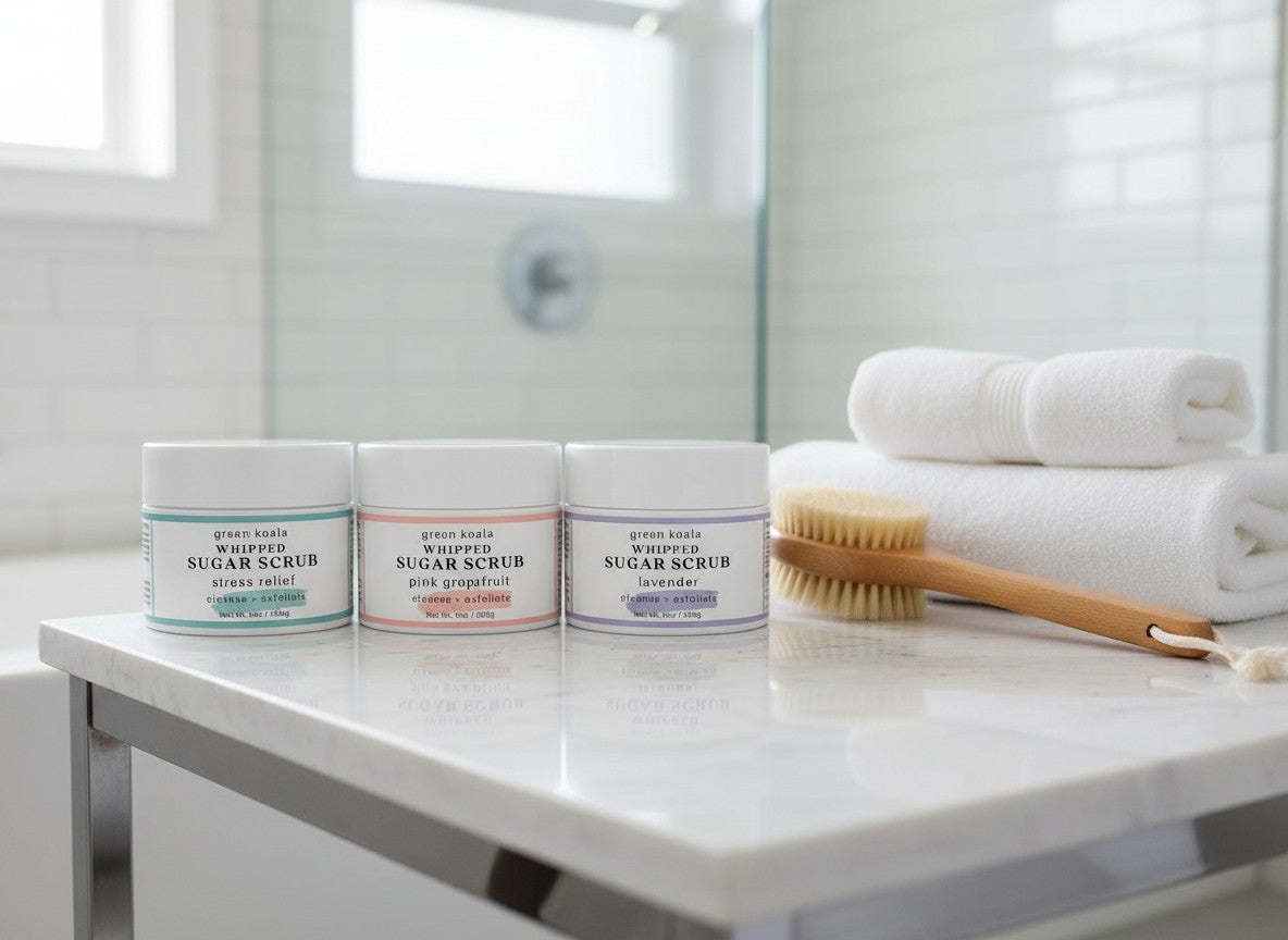 Sugar scrubs on a table in a luxurious bathroom with scrub brush and towels. 