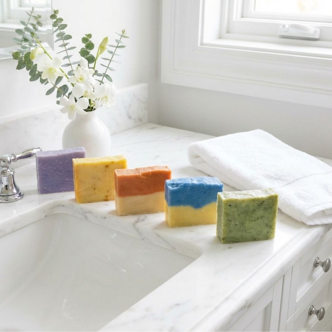 Bar Soap lined up on bathroom sink with vase of flowers