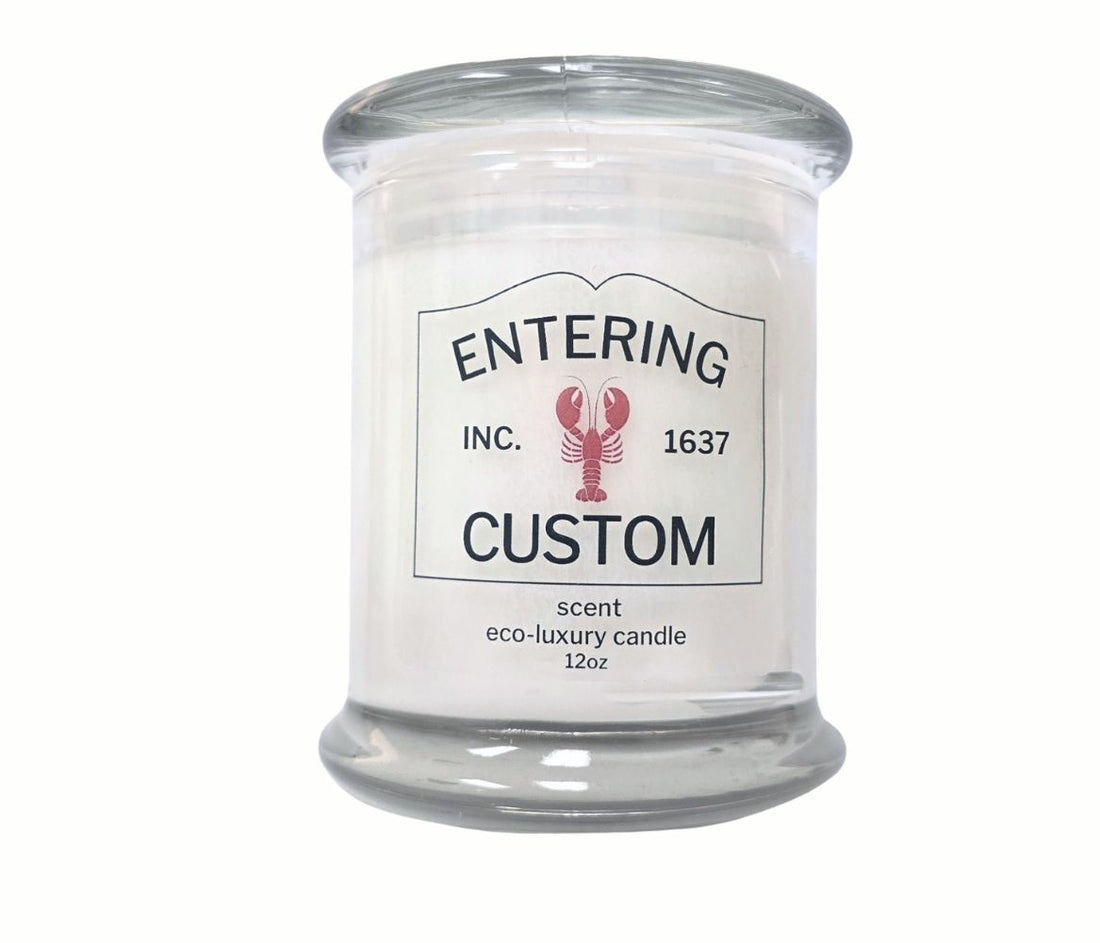 Personalized lobster icon 12oz candle in a glass jar, hand-poured and coastal-inspired.