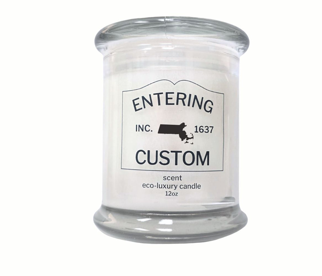 12oz custom candle with “Entering” town sign and state silhouette label, hand-poured in eco-friendly coconut wax