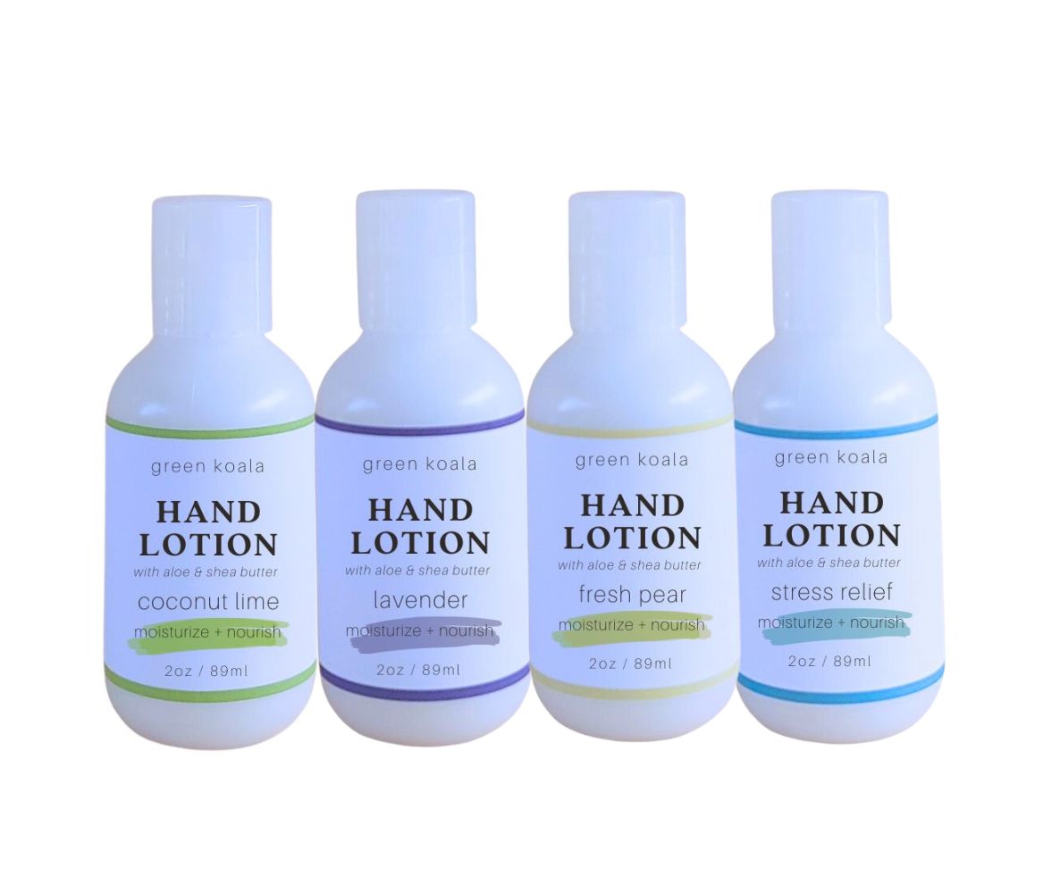 Green Koala Organic Paraben-Free Hand Lotion Gift Set in coconut lime, fresh pear, lavender, stress relief.