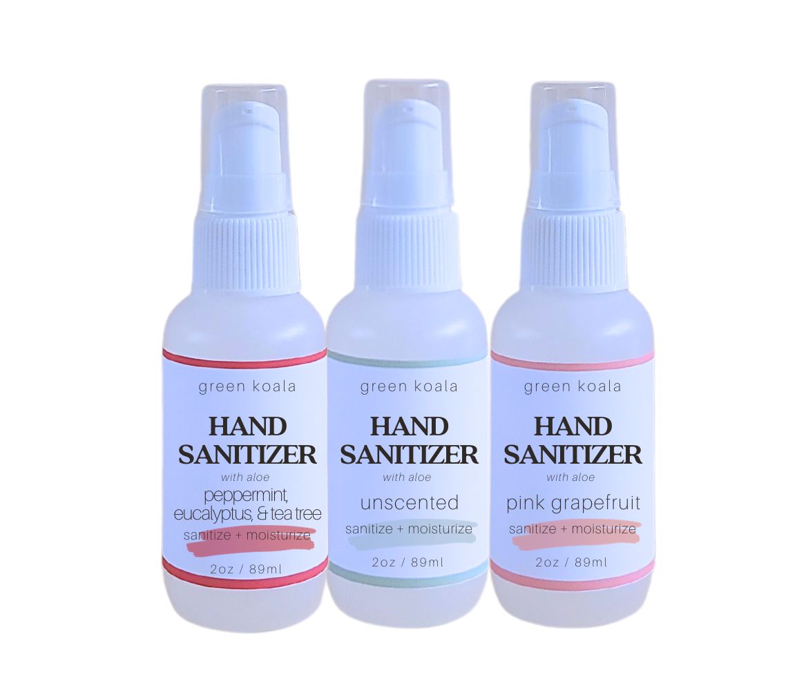 Green Koala Organic 3-Pack Assorted Hand Sanitizer - peppermint, eucalyptus, tea tree and unscented and pink grapefruit.
