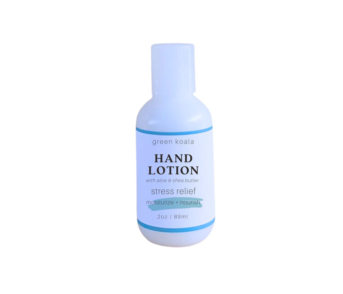 Paraben-free Green Koala Organic Stress Relief Hand Lotion in 2 oz bottle with push cap