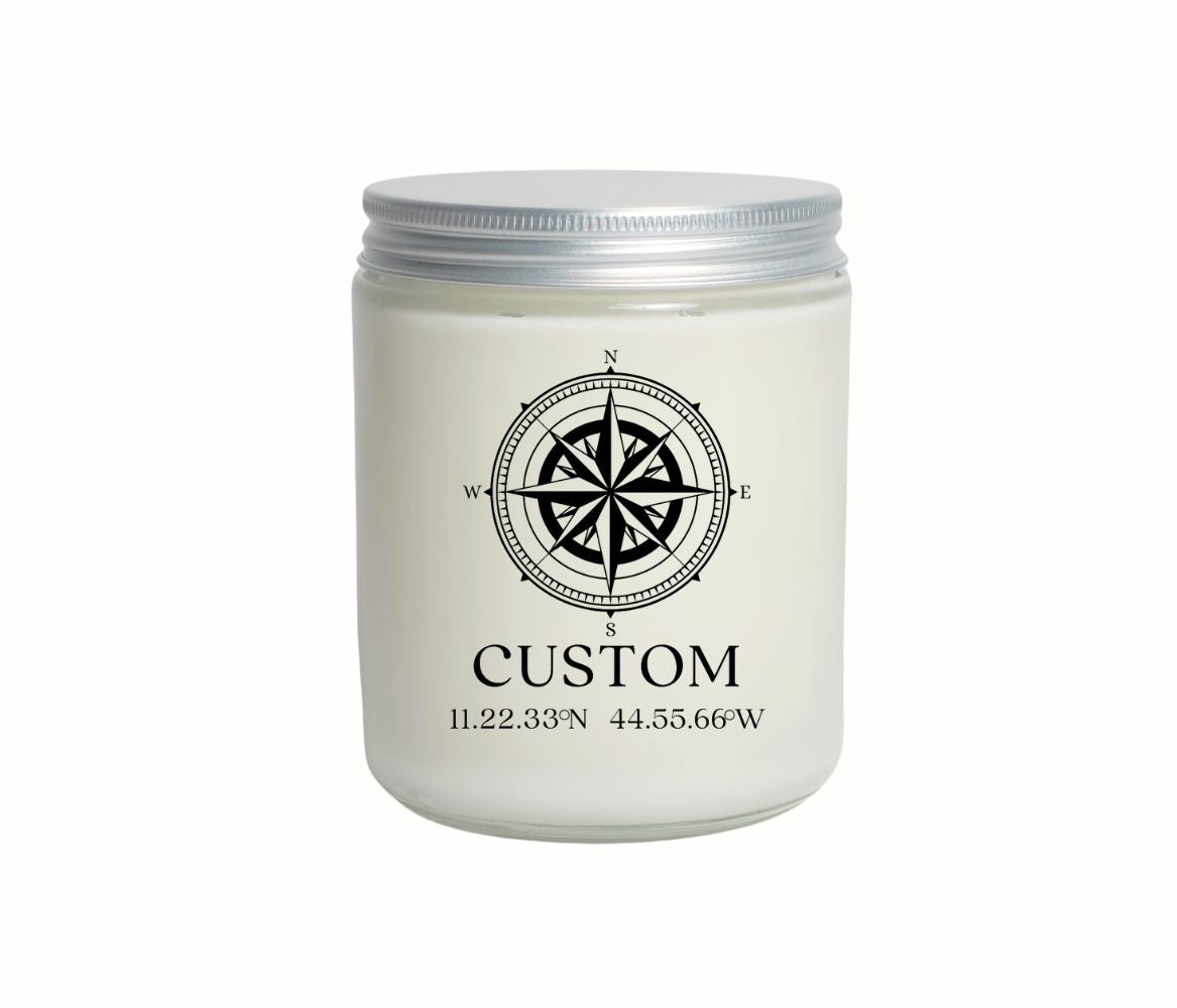 8oz Custom Black Compass Candle in glass jar with description