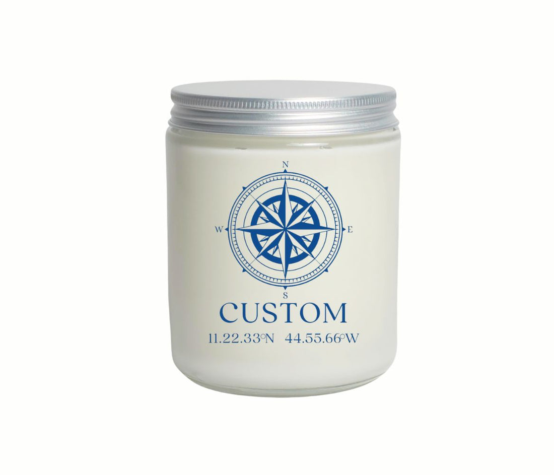 8oz Custom Navy Compass Candle in glass jar with description