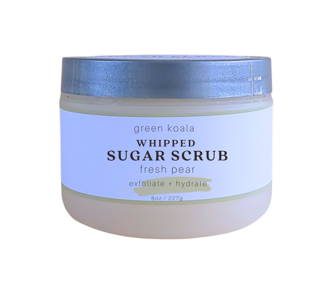 Organic Fresh Pear Sugar Body Scrub in 8 oz tub with silver lid