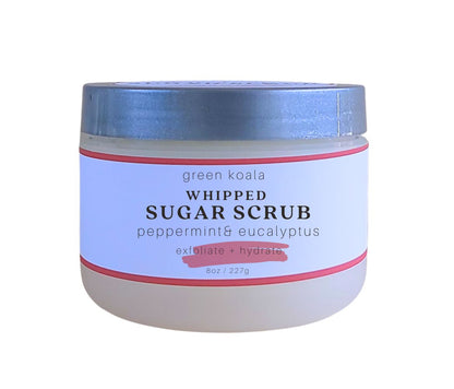 Organic peppermint &amp; eucalyptus sugar body scrub in 8 oz jar with silver lid