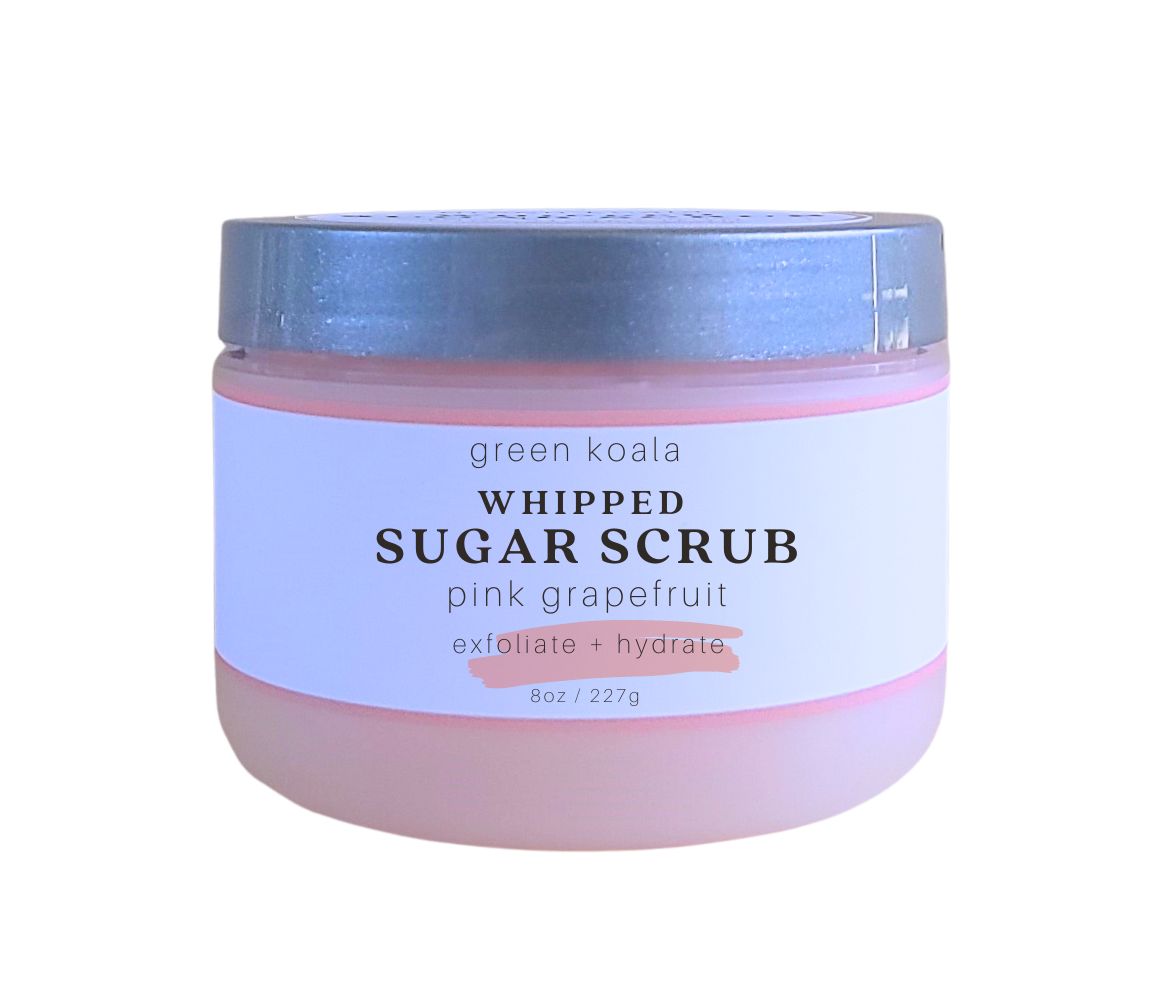 Organic Pink Grapefruit exfoliating body scrub in 8 oz jar with silver lid
