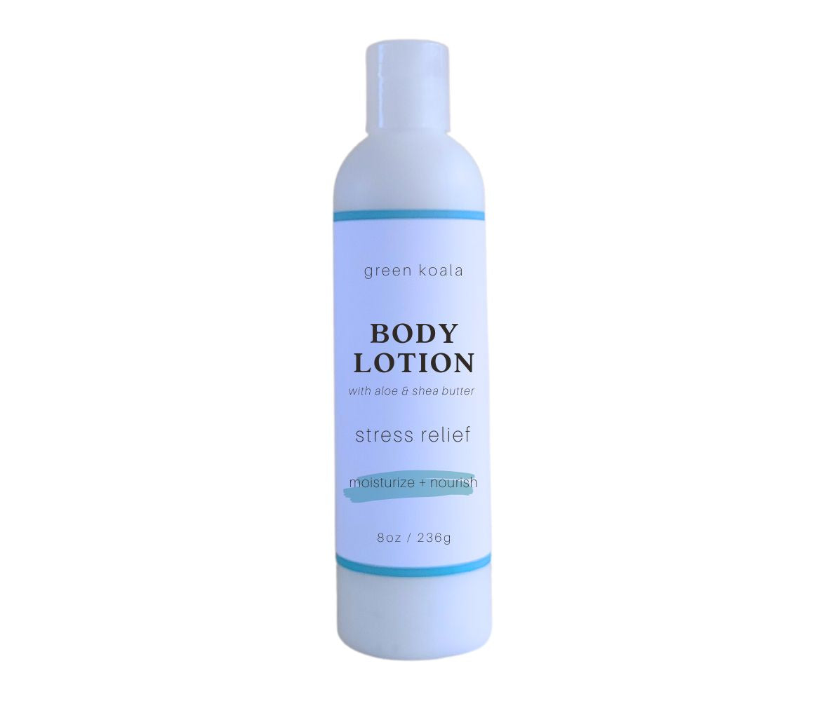 Organic stress relief body lotion in 8 oz bottle 