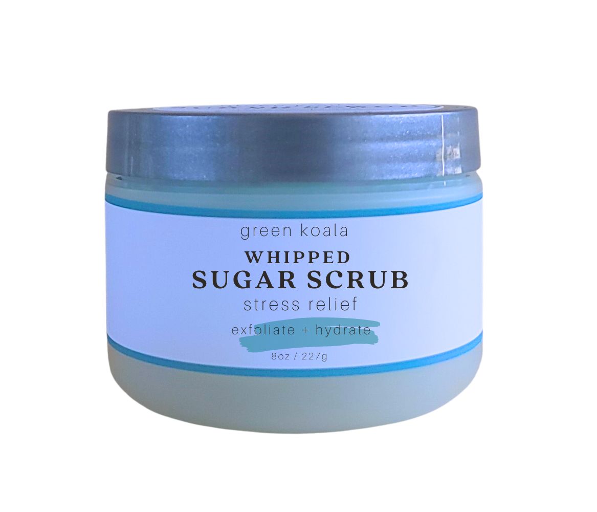 Organic stress relief exfoliating sugar body scrub in 8 oz container with silver lid
