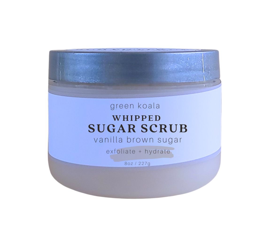 Organic vanilla exfoliating sugar body scrub in 8 oz jar with silver lid and vanilla