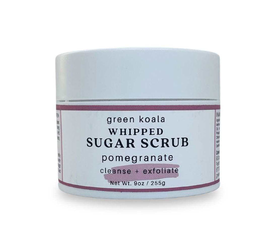 9oz Pomegranate Sugar Body Scrub jar with whipped texture and sweet aroma, cleanses, exfoliates, and deeply hydrates skin.
