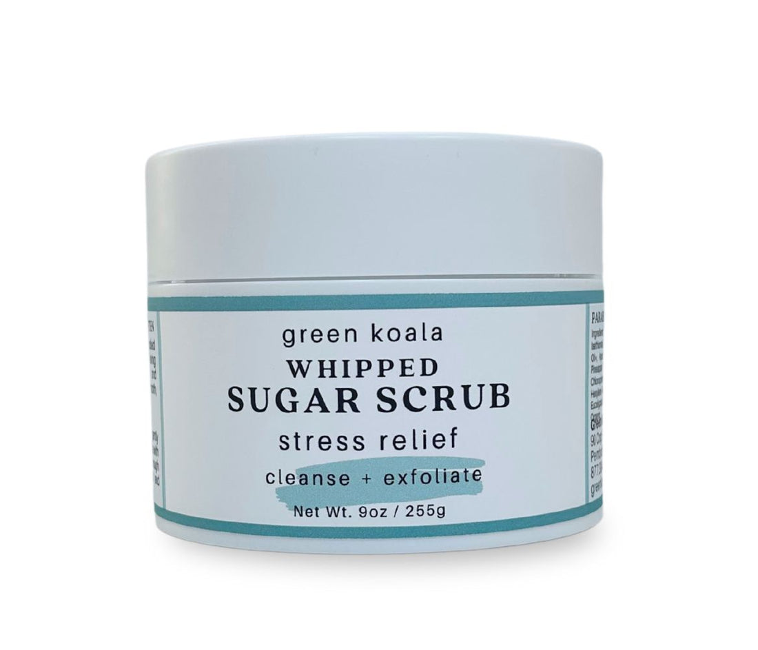 9oz Stress Relief Body Scrub jar with soothing herbal and minty aroma, cleanses, exfoliates, and deeply hydrates skin.