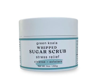 9oz Stress Relief Body Scrub jar with soothing herbal and minty aroma, cleanses, exfoliates, and deeply hydrates skin.
