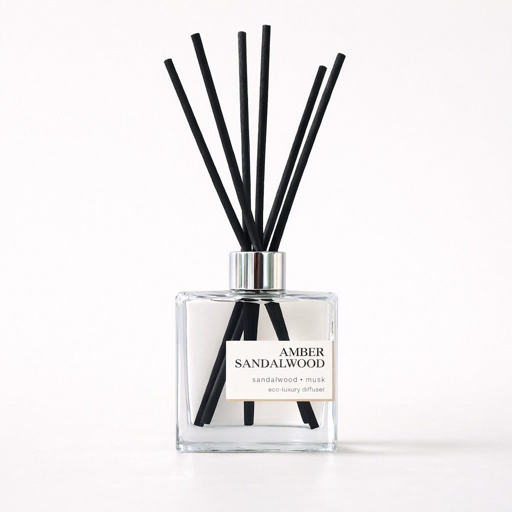 Amber Sandalwood diffuser with black reeds on a white background