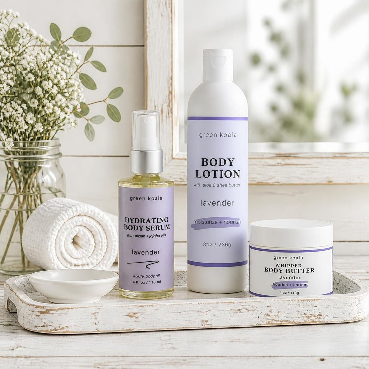 Lavender body care products in a rustic farmhouse style bathroom setting