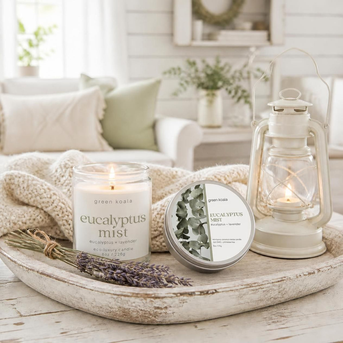 Non-Toxic Eucalyptus Candles in a rustic living setting. 