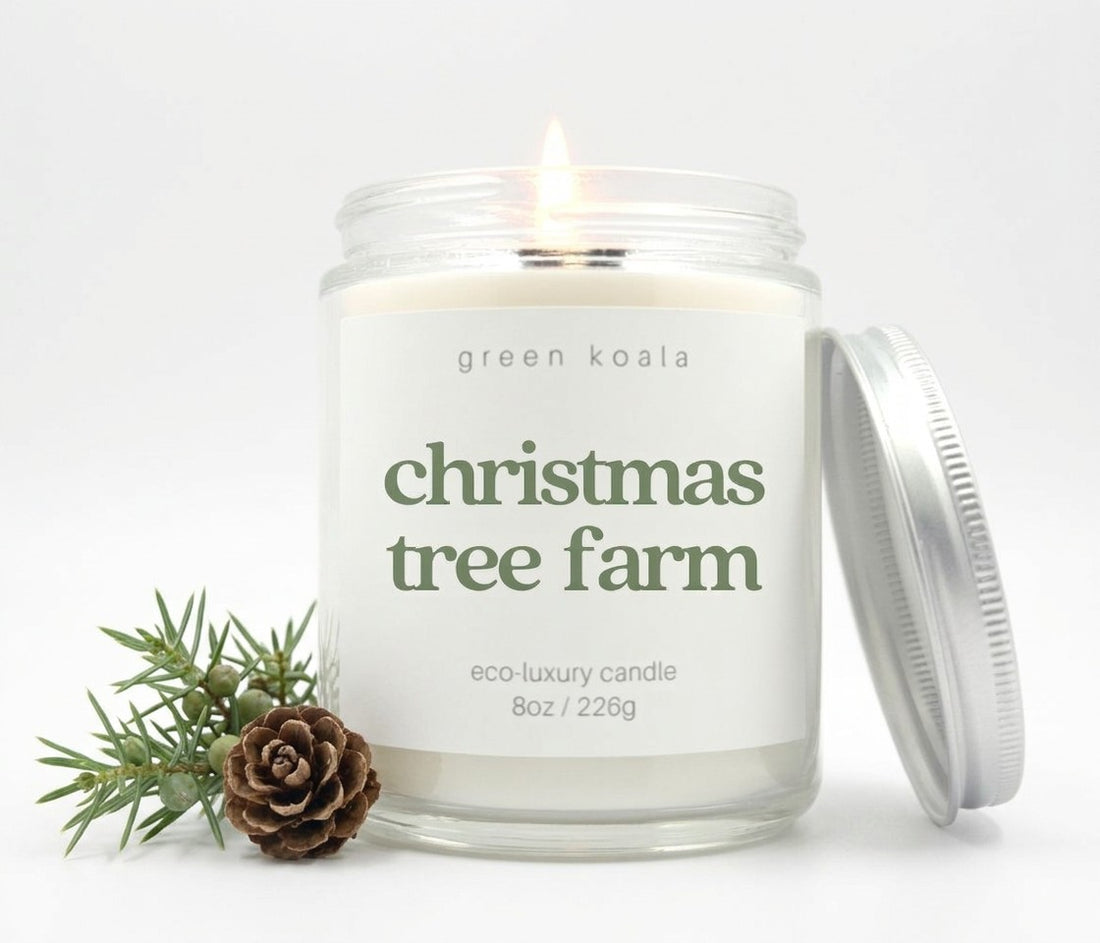A lit Christmas Tree Farm with holiday embellishments