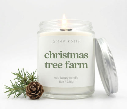 A lit Christmas Tree Farm with holiday embellishments
