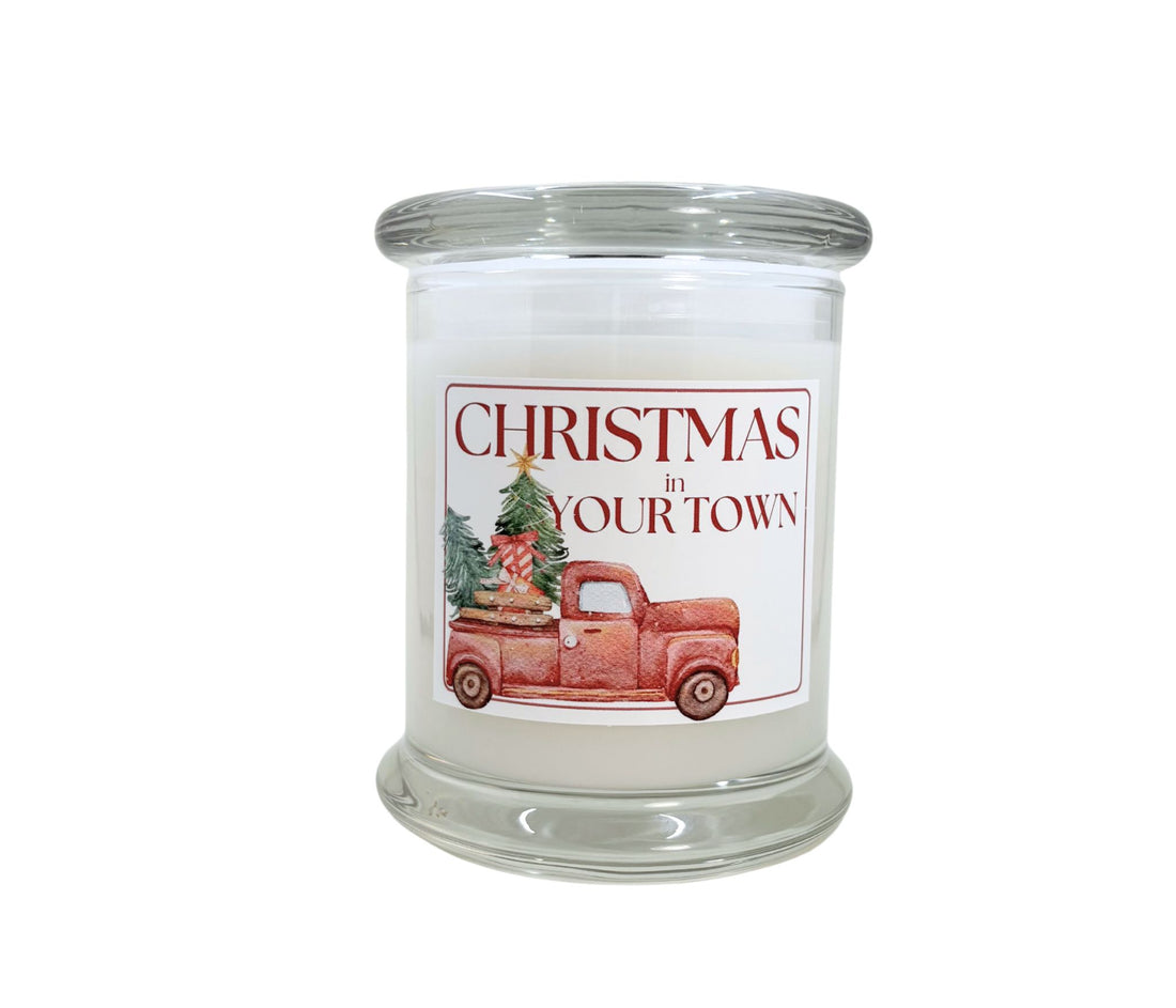 12oz Eco-friendly Non-toxic personalized Christmas in Your Town candle.
