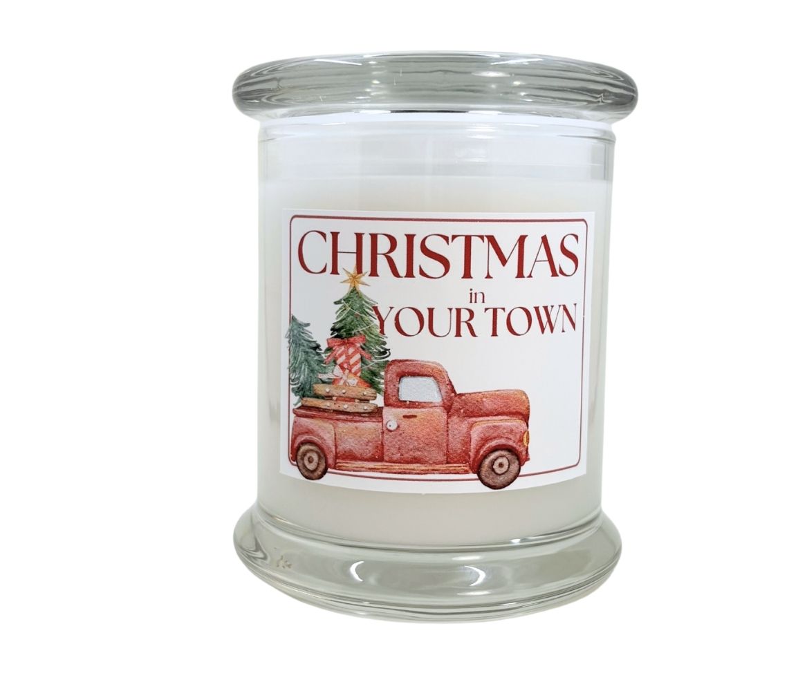 12oz Eco-friendly Non-toxic personalized Christmas in Your Town candle.