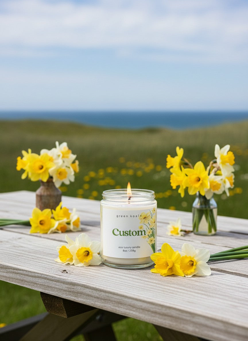 Custom candle with yellow flowers on a wooden table by the ocean