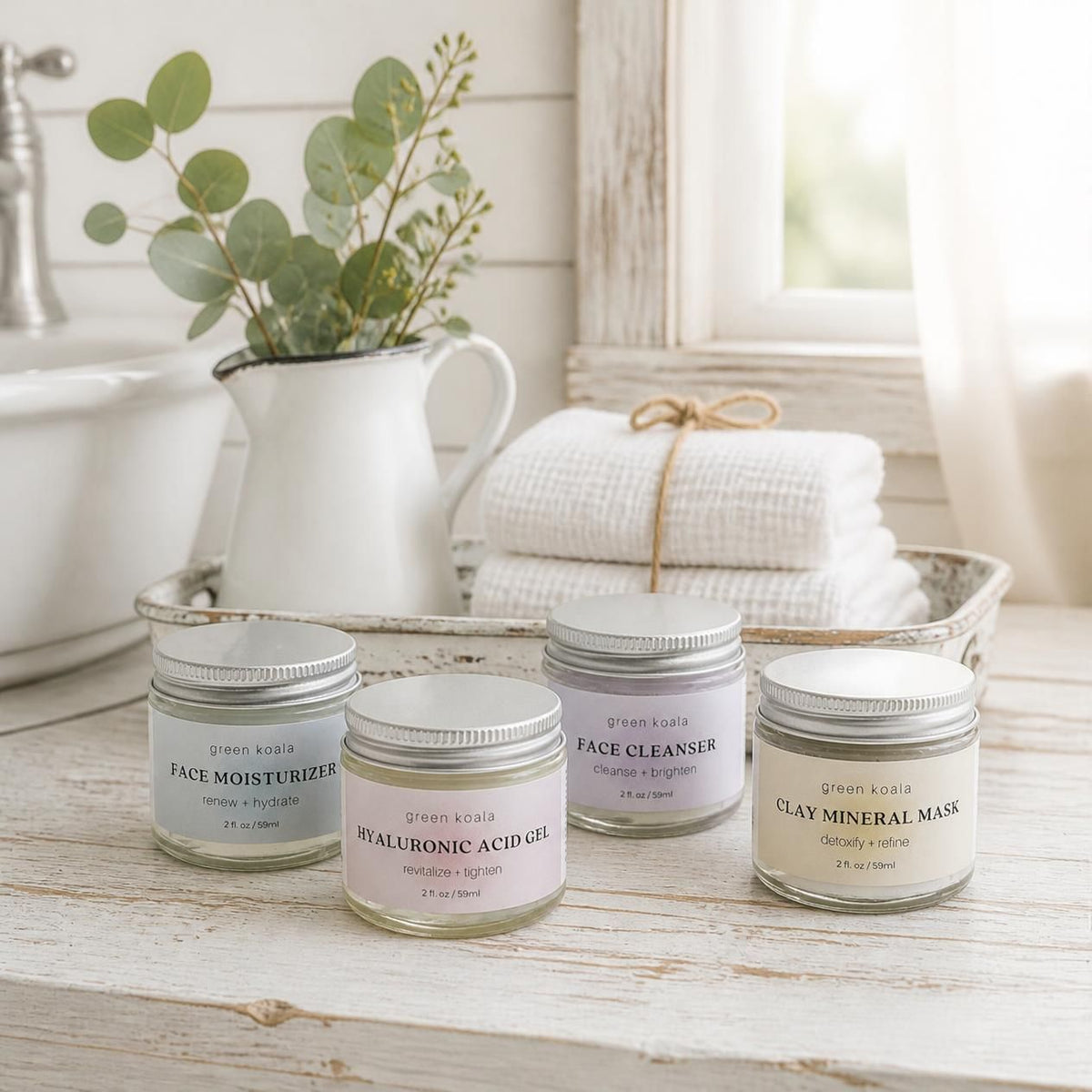 Face care products in a rustic bathroom setting