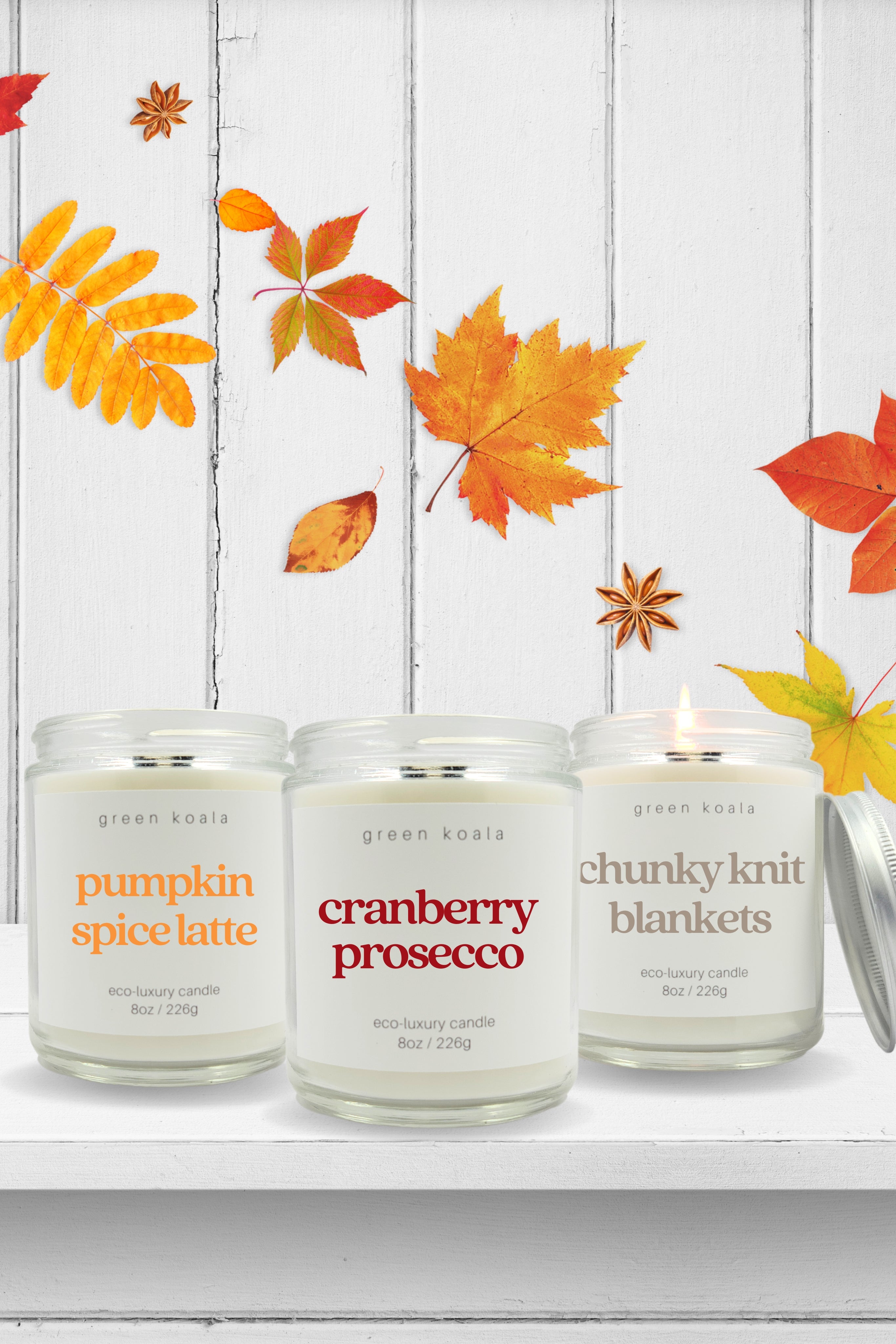 Pumpkin Spice Latte, Cranberry Prosecco, & Chunky Knit Blankets Green Koala organic & nontoxic candles.