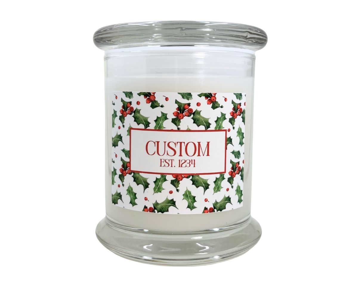 12oz Personalized Custom Holiday candle with a holly berry border design.