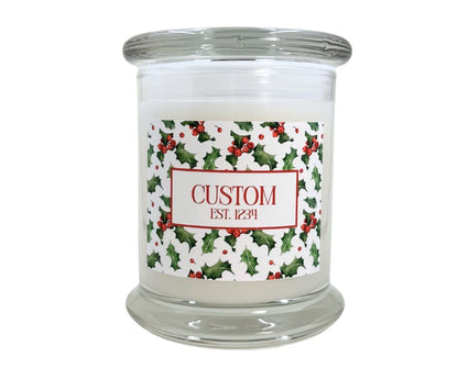 12oz Personalized Custom Holiday candle with a holly berry border design.