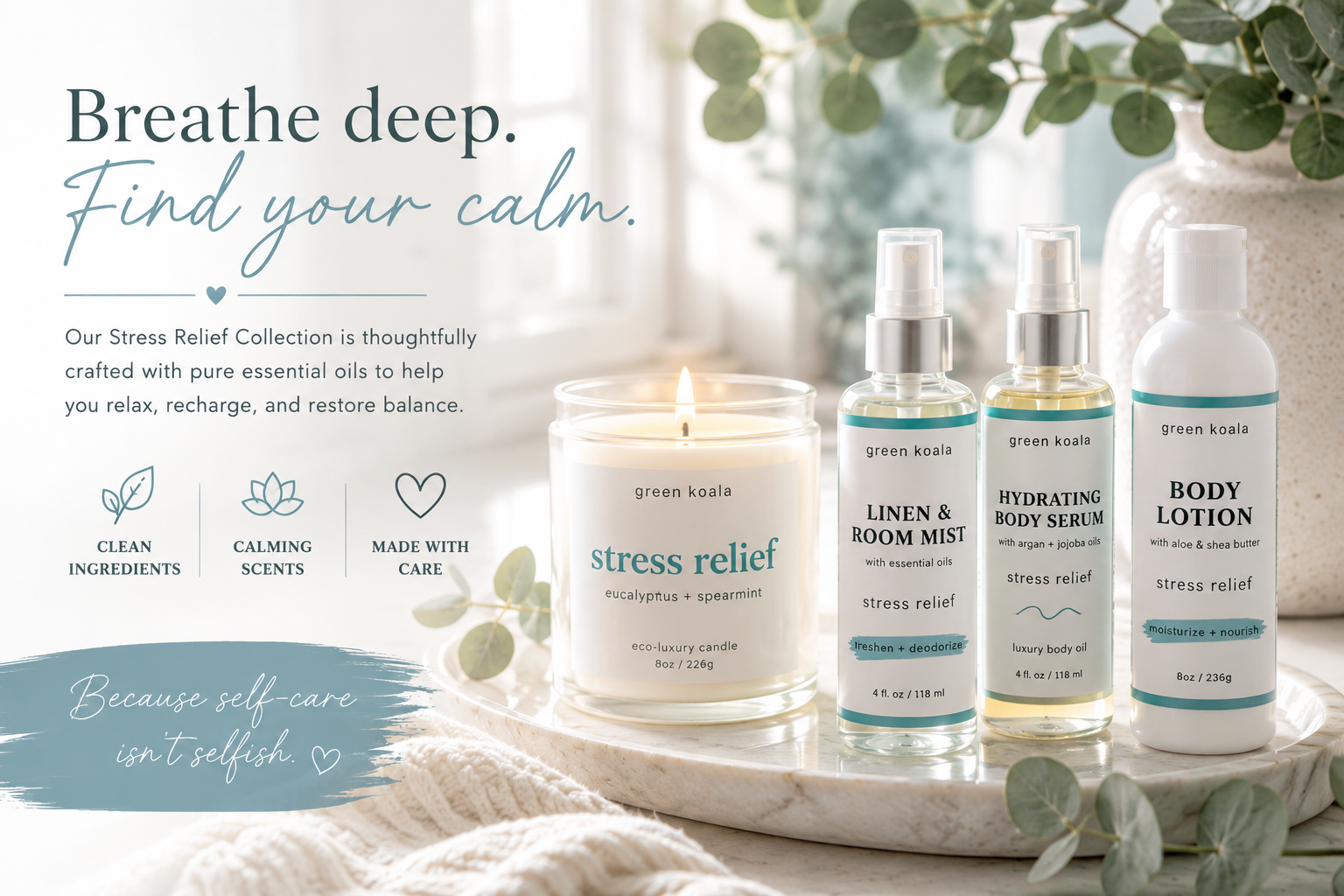 Stress relief products including a candle, room mist, body serum, and lotion on a marble tray with greenery.