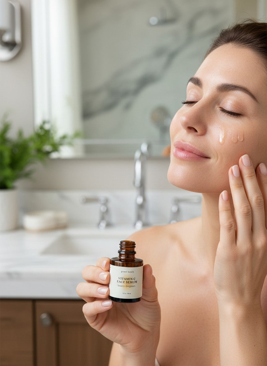 Woman applying  vitamin C skincare product in a bathroom setting